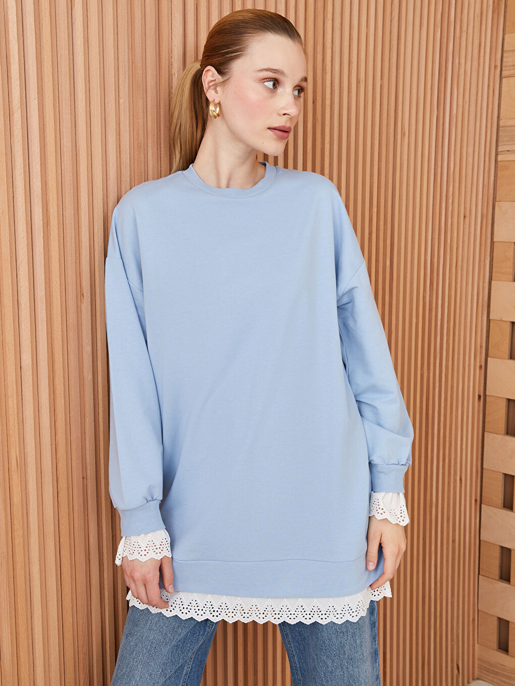 LCW Modest تونيك سويت شيرت نسائي فضفاض بأكمام طويلة وياقة واقفة -S3IU95Z8-VE8