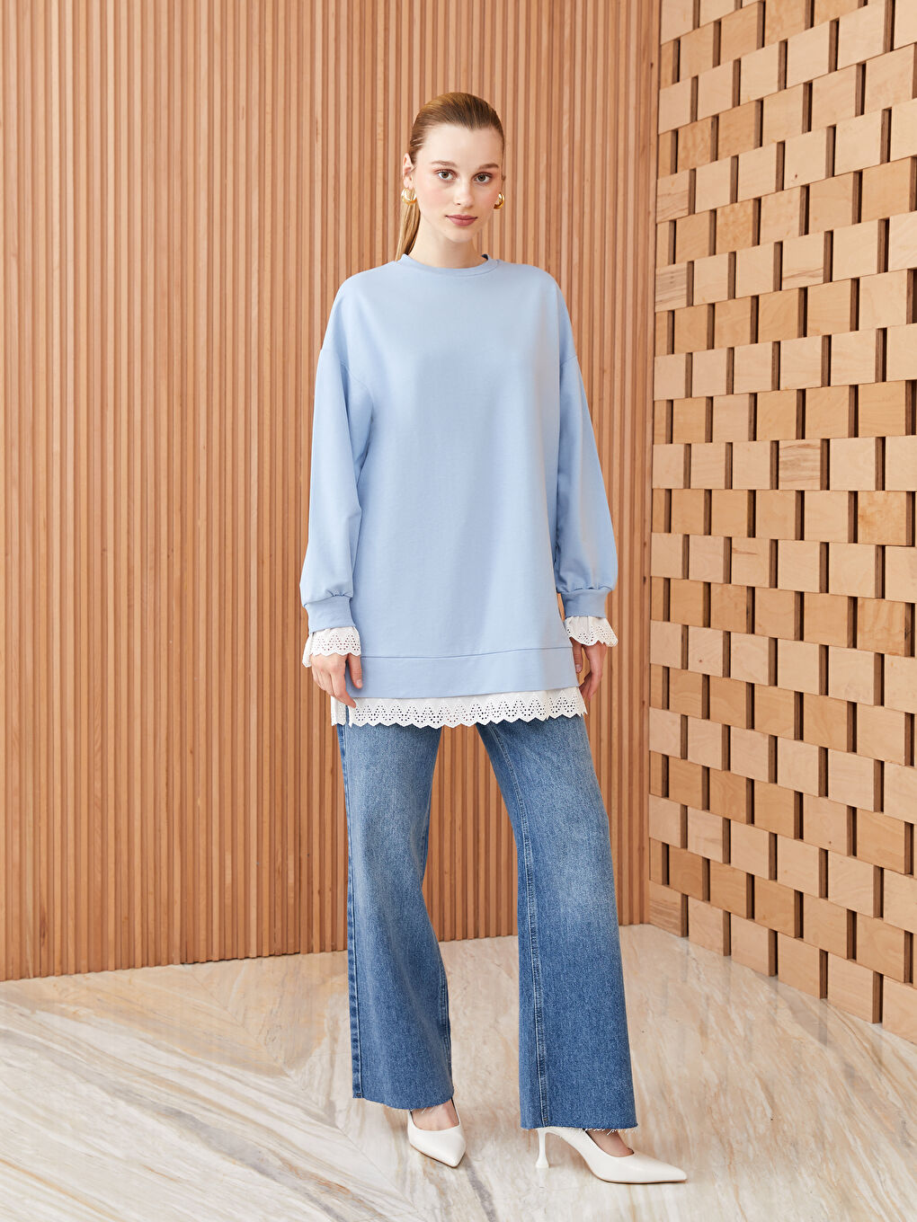 LCW Modest تونيك سويت شيرت نسائي فضفاض بأكمام طويلة وياقة واقفة -S3IU95Z8-VE8