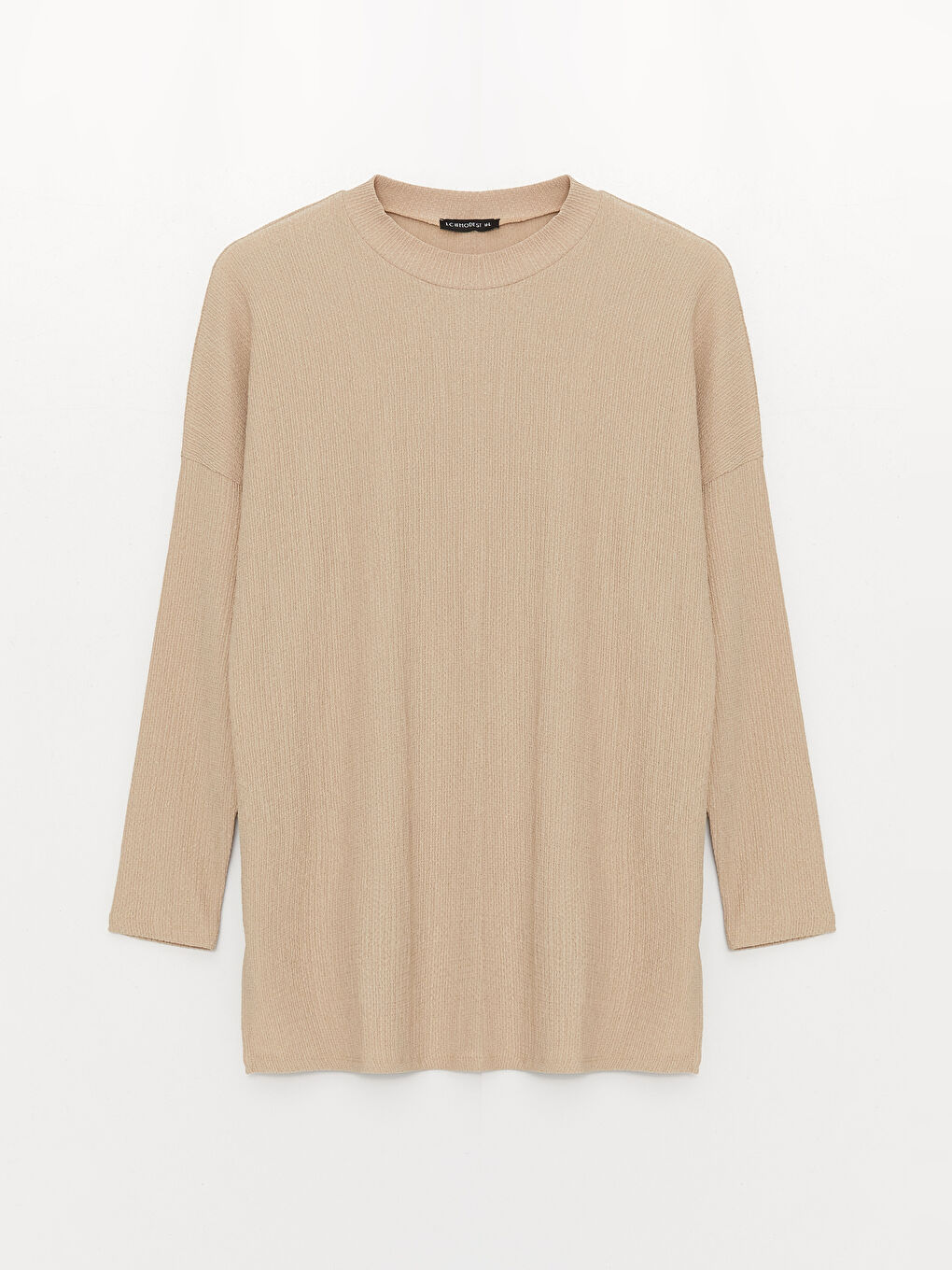 Bej Bisiklet Yaka Düz Uzun Kollu Kadın Tunik-5