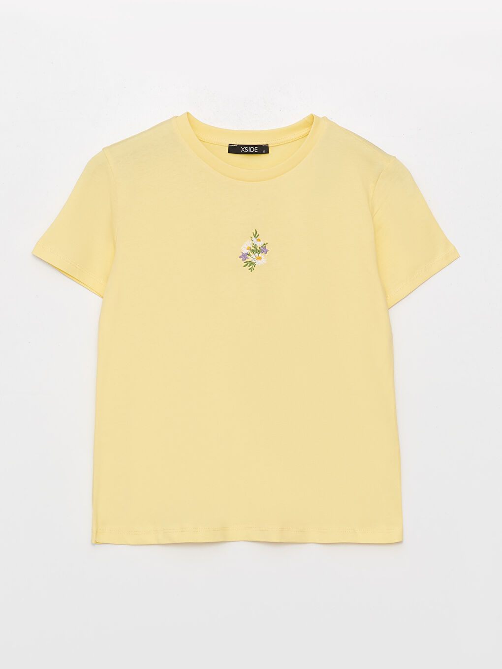 Sarı Bisiklet Yaka Nakışlı Kısa Kollu Kadın Tişört-5