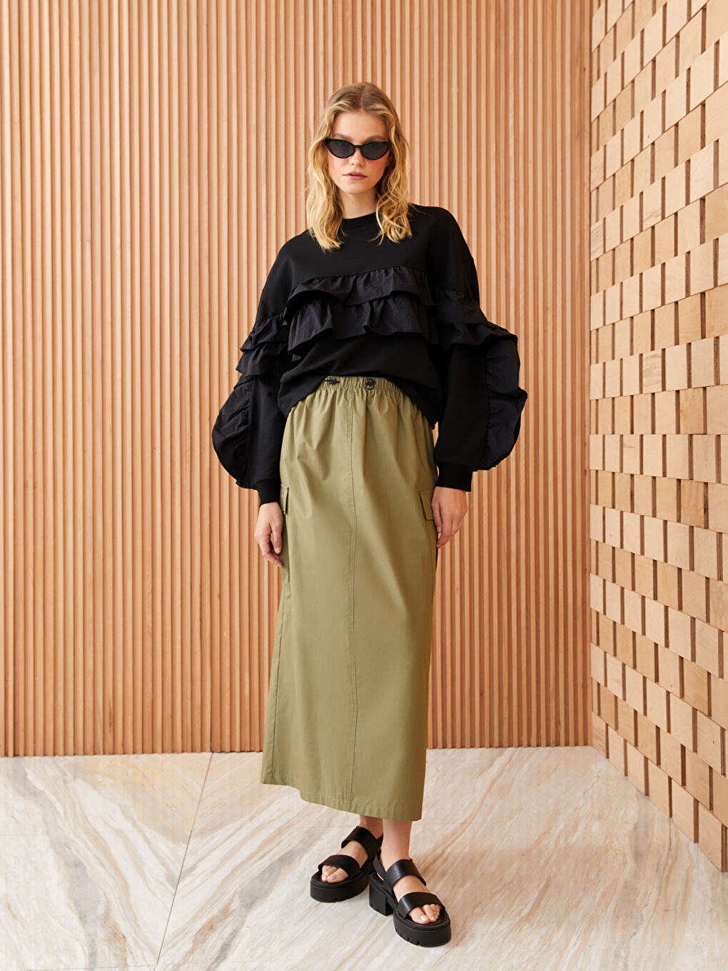 Yeşil Beli Lastikli Standart Fit Kadın Etek