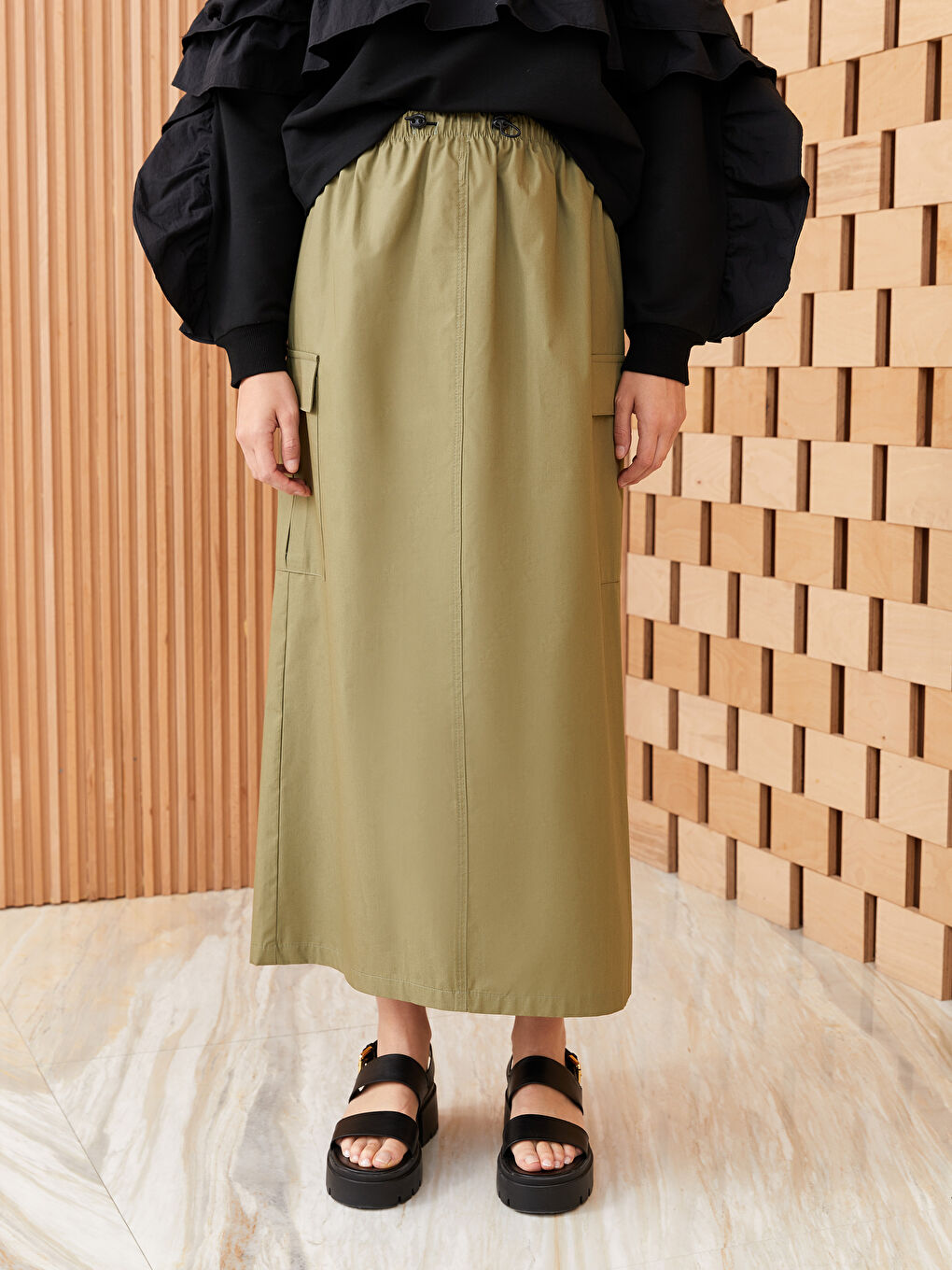 Yeşil Beli Lastikli Standart Fit Kadın Etek-2