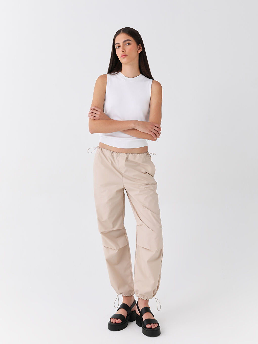 Pantalon en Tissu de Parachute Uni à Taille Élastiquée pour Femmes