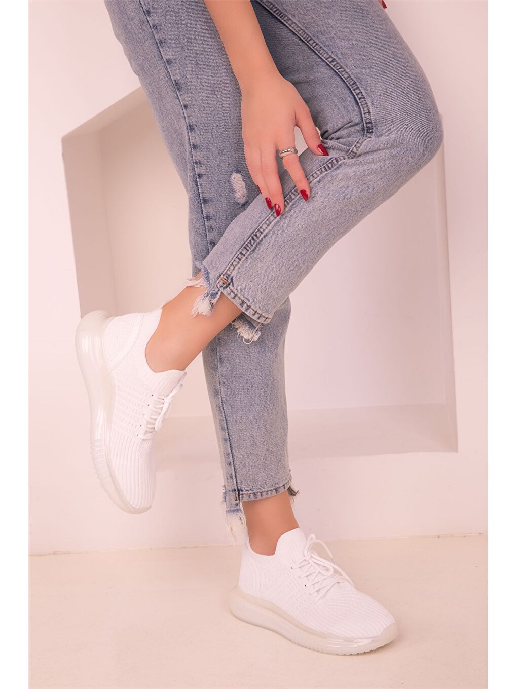 Beyaz File Detaylı Kadın Spor Ayakkabı-2