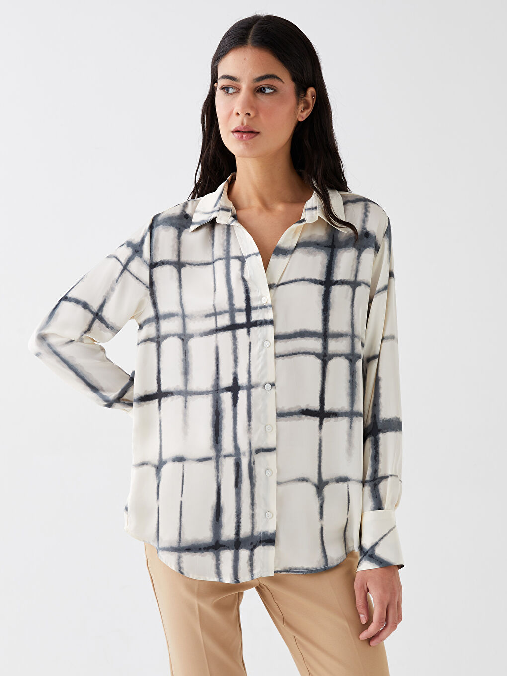 قميص نسائي كم طويل منقوش-1