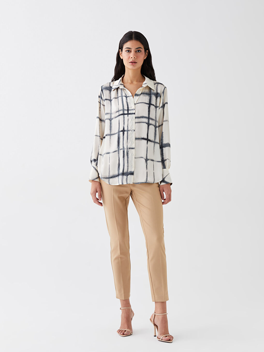 قميص نسائي كم طويل منقوش-2