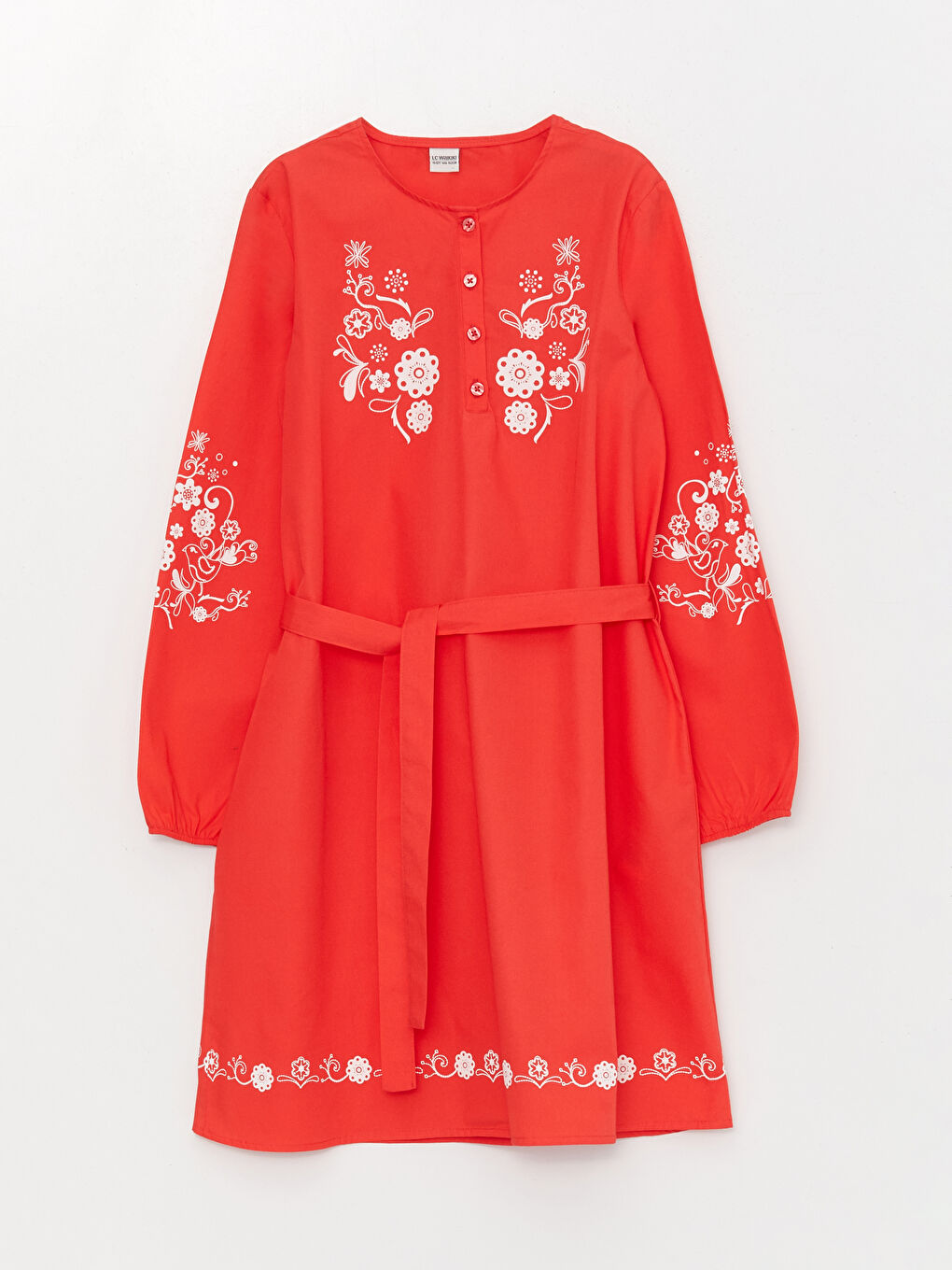 Kırmızı Bisiklet Yaka Baskılı Uzun Kollu Kız Çocuk Elbise