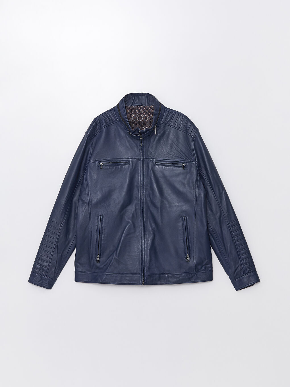 Lacivert Standart Kalıp Dik Yaka Erkek Deri Mont