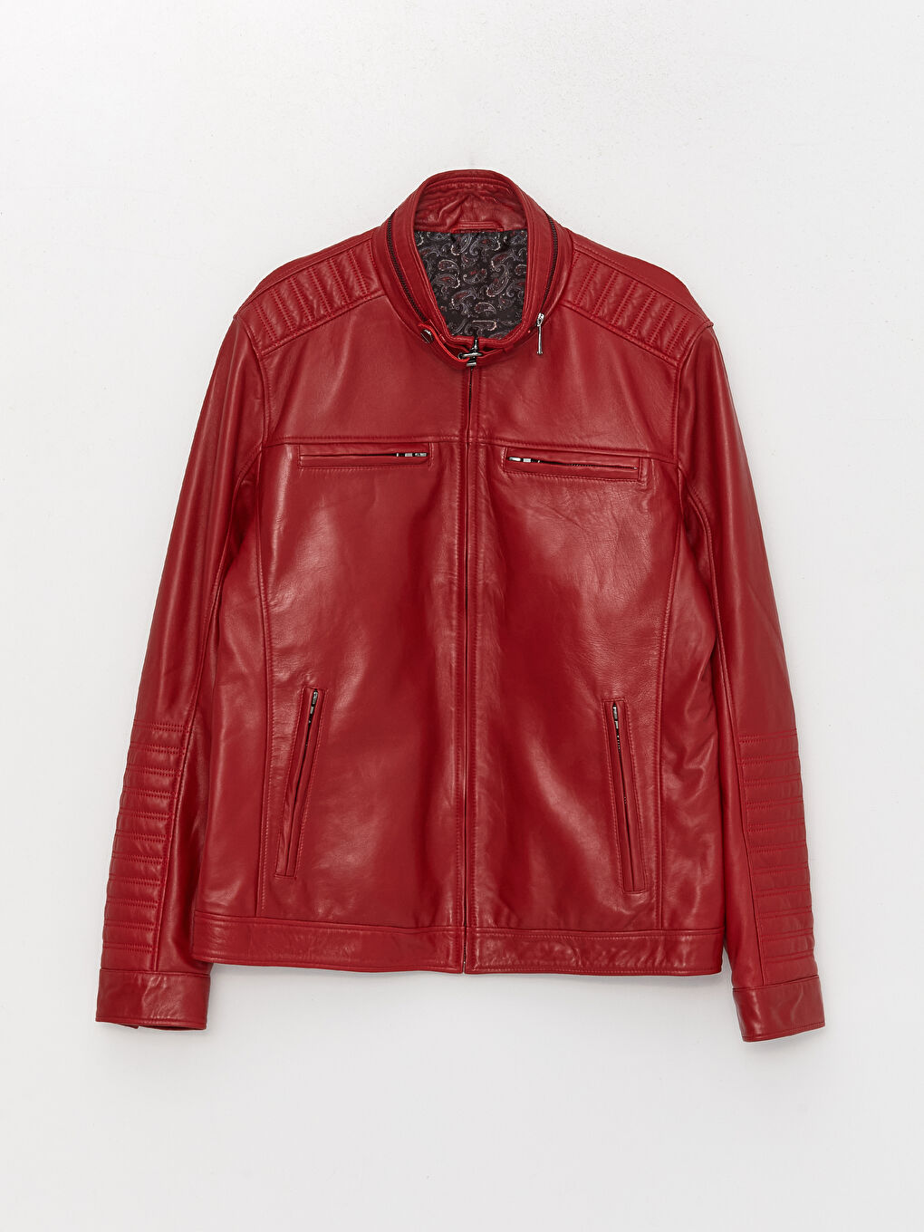 Kırmızı Standart Kalıp Dik Yaka Erkek Deri Mont-6