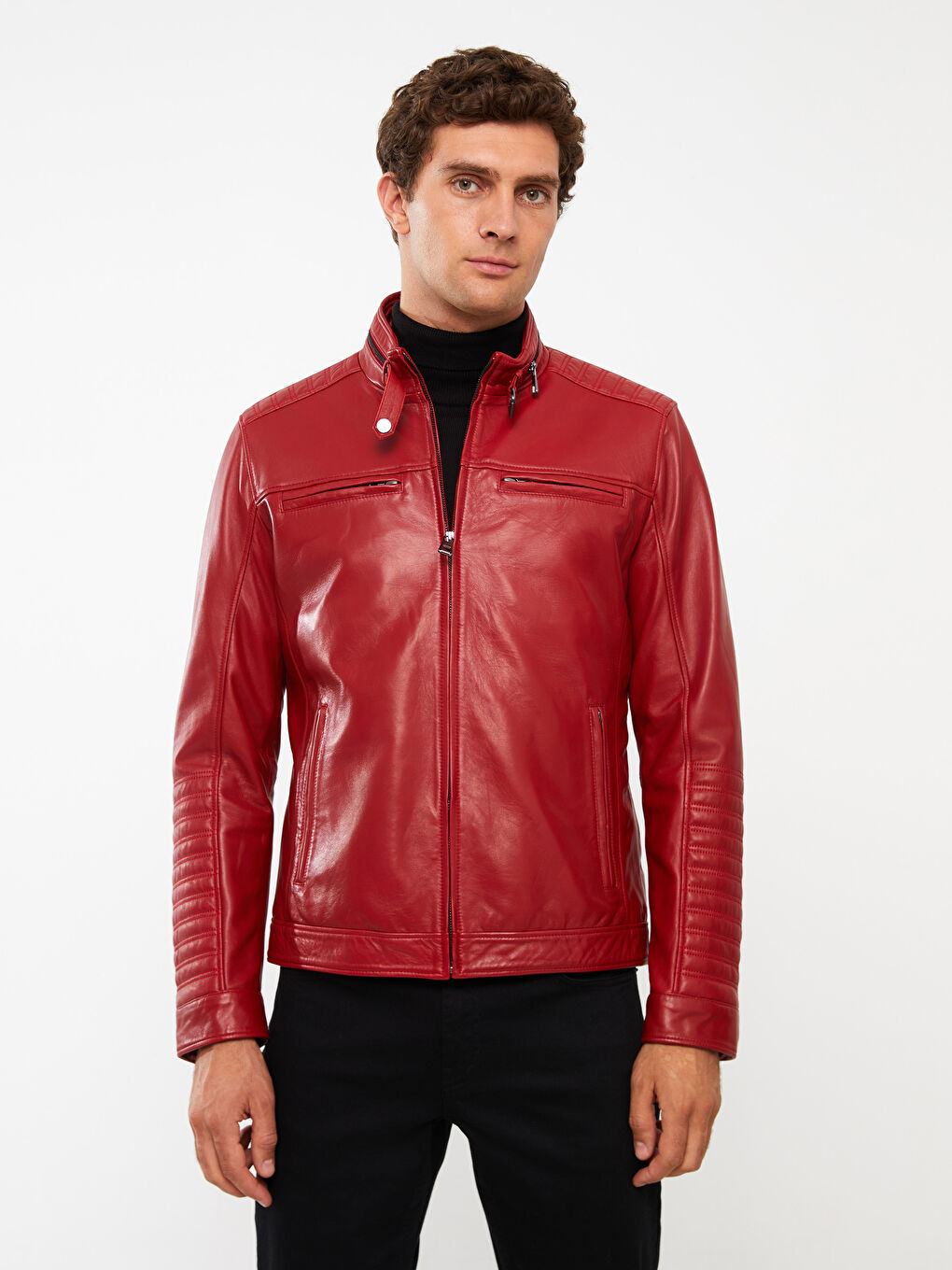 Kırmızı Standart Kalıp Dik Yaka Erkek Deri Mont