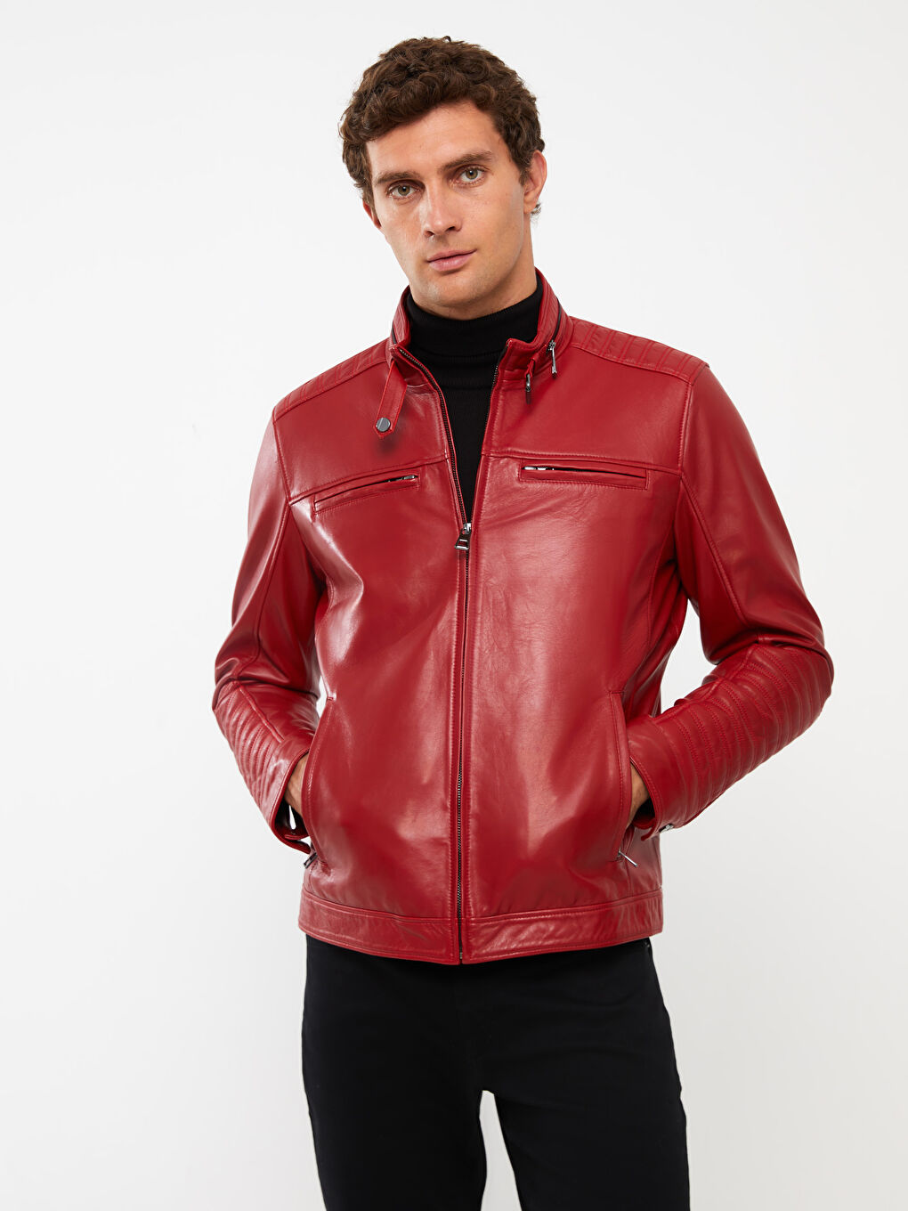 Kırmızı Standart Kalıp Dik Yaka Erkek Deri Mont-1