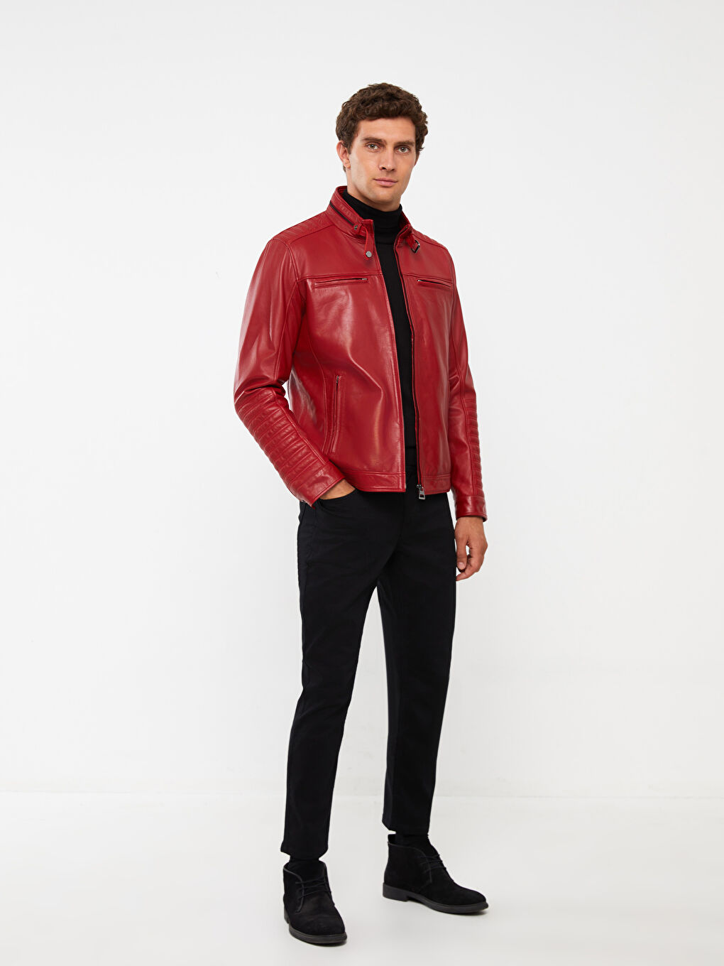 Kırmızı Standart Kalıp Dik Yaka Erkek Deri Mont-2