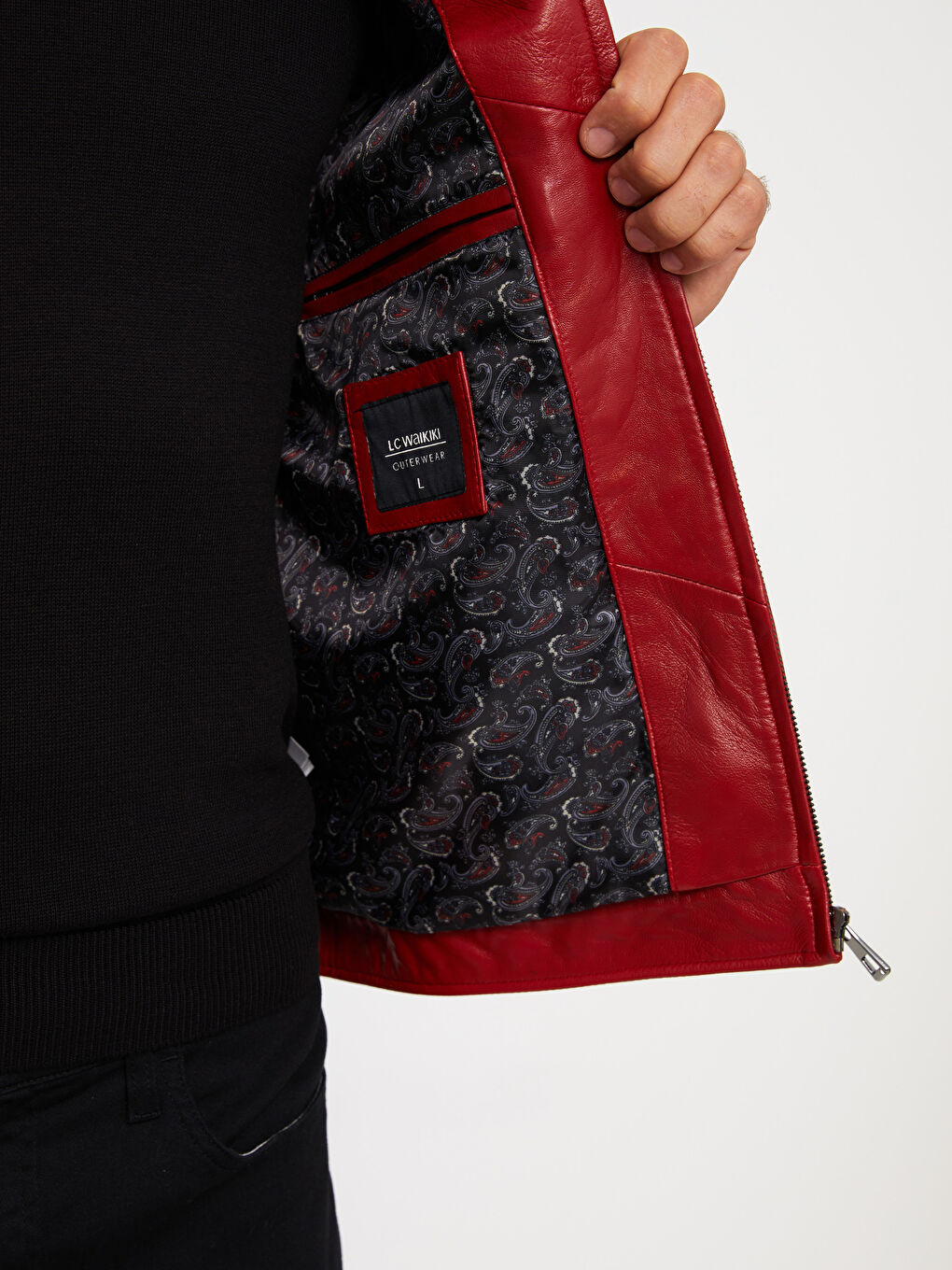 Kırmızı Standart Kalıp Dik Yaka Erkek Deri Mont-4