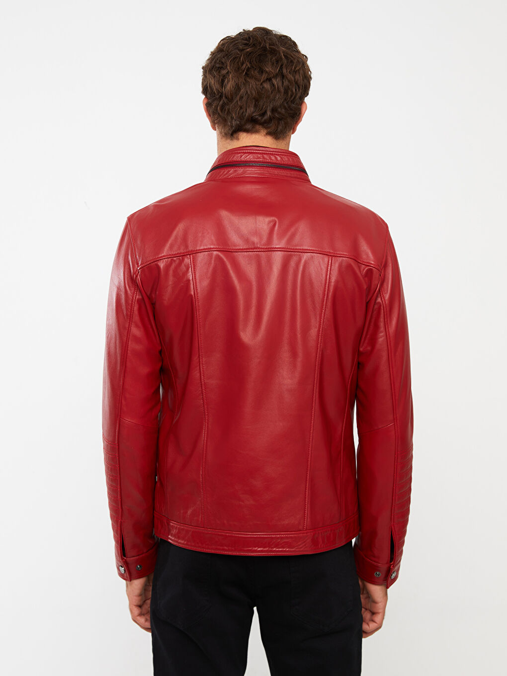 Kırmızı Standart Kalıp Dik Yaka Erkek Deri Mont-5