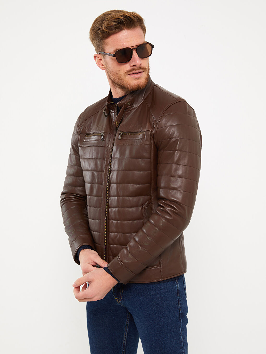 Kahverengi Standart Kalıp Dik Yaka Erkek Deri Mont