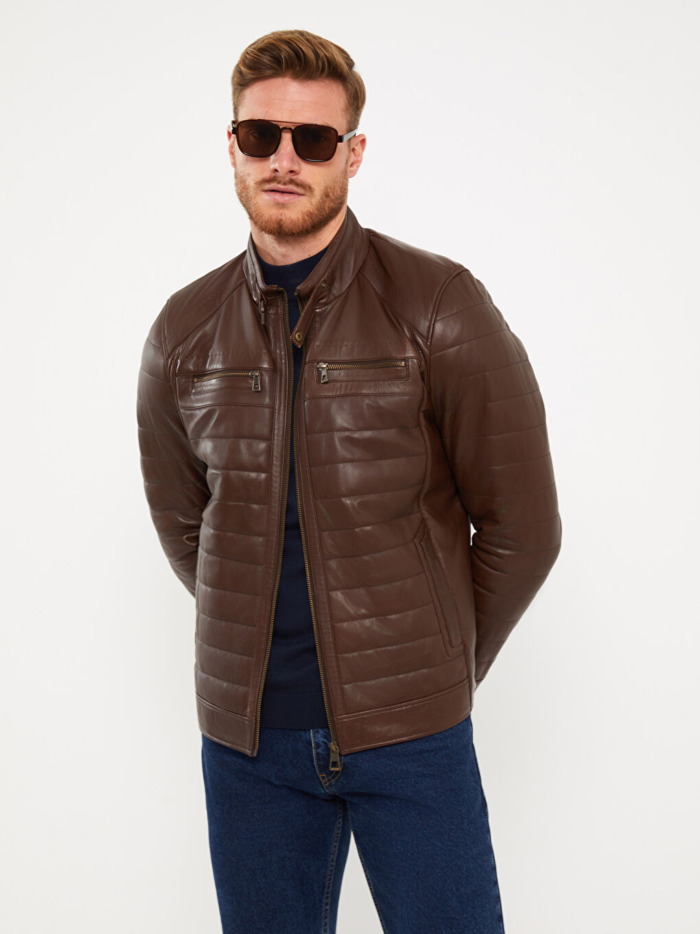 Kahverengi Standart Kalıp Dik Yaka Erkek Deri Mont-1