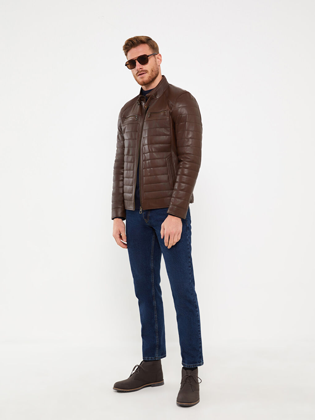 Kahverengi Standart Kalıp Dik Yaka Erkek Deri Mont-2