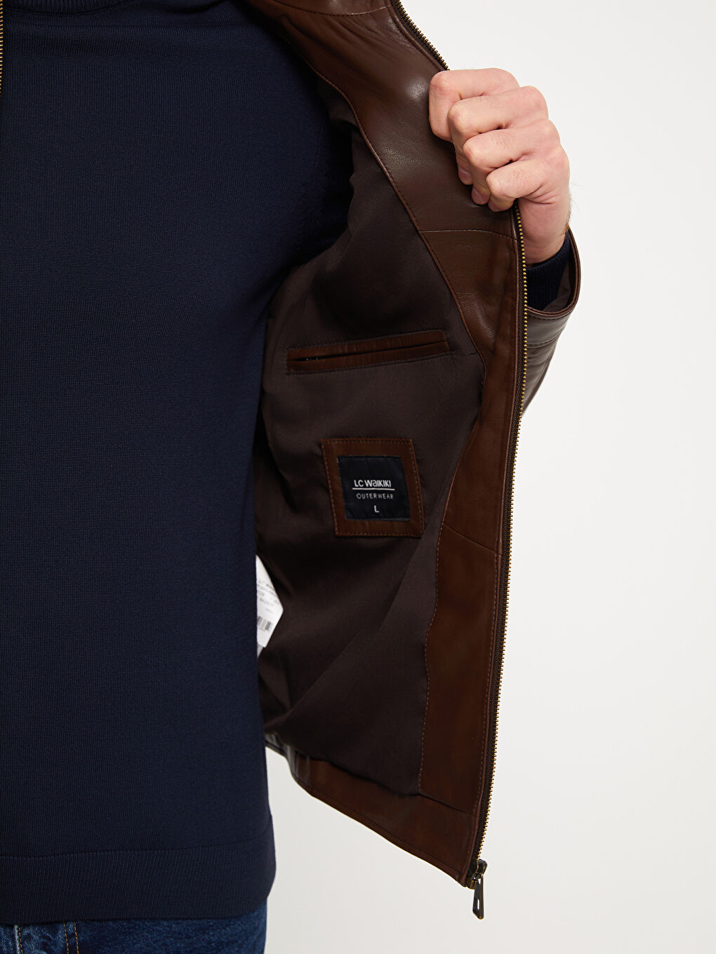 Kahverengi Standart Kalıp Dik Yaka Erkek Deri Mont-3