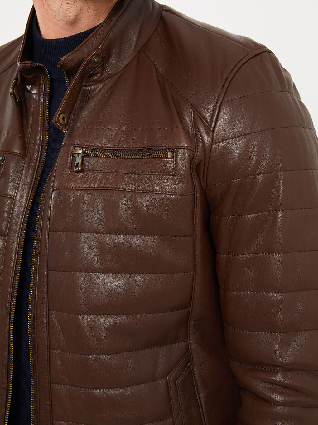 Kahverengi Standart Kalıp Dik Yaka Erkek Deri Mont-4