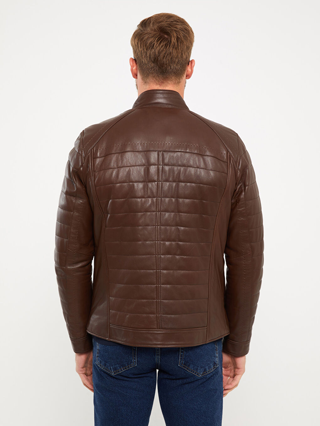 Kahverengi Standart Kalıp Dik Yaka Erkek Deri Mont-5