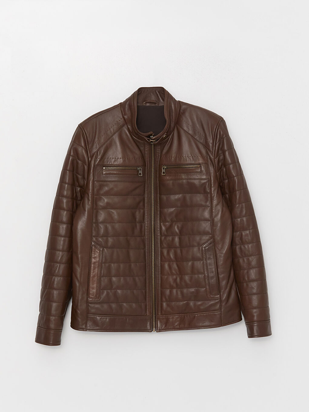 Kahverengi Standart Kalıp Dik Yaka Erkek Deri Mont-6