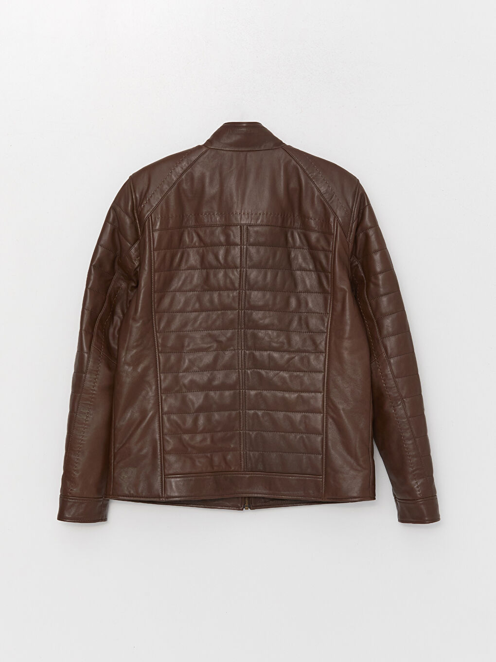 Kahverengi Standart Kalıp Dik Yaka Erkek Deri Mont-7