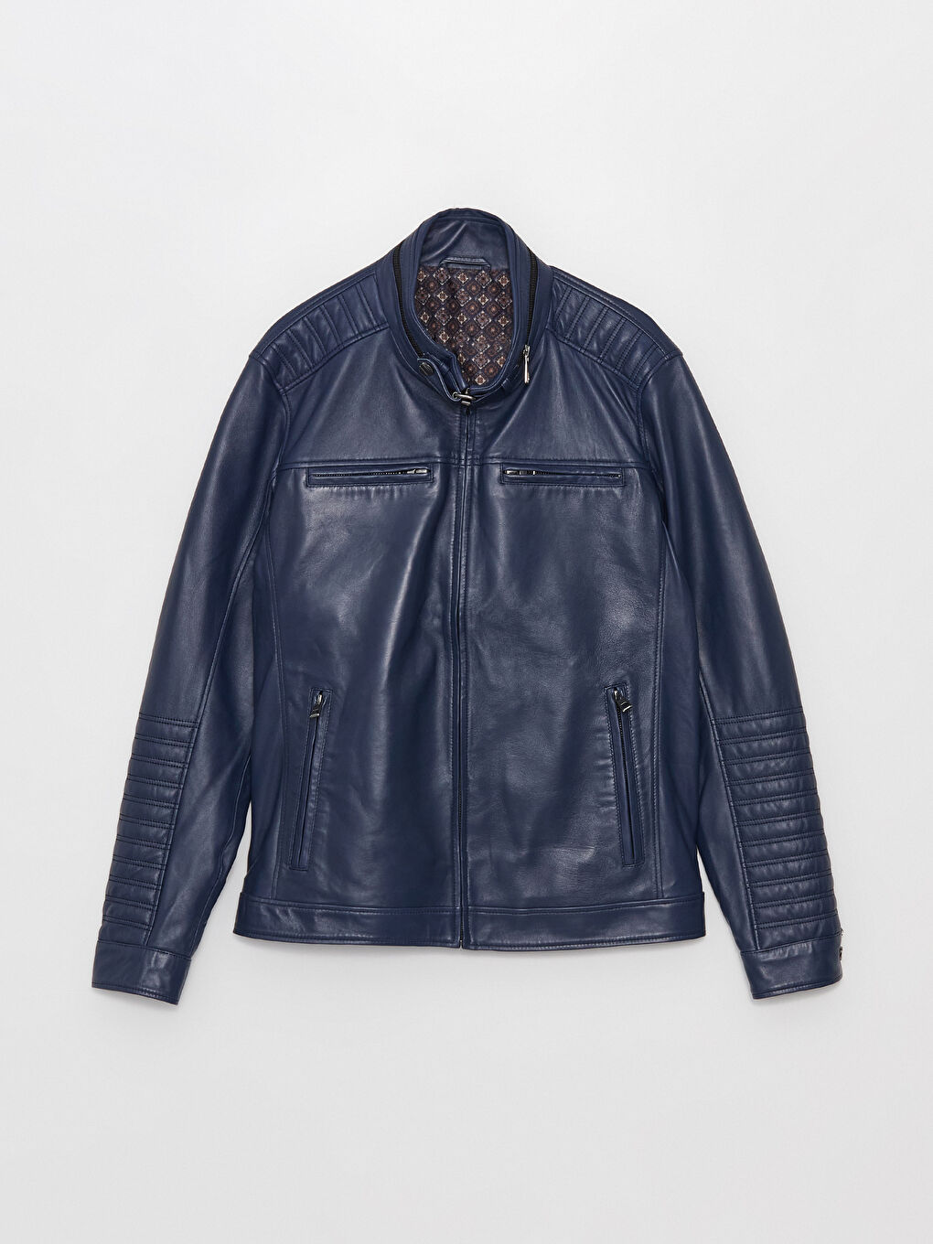 Lacivert Standart Kalıp Dik Yaka Erkek Deri Mont-6