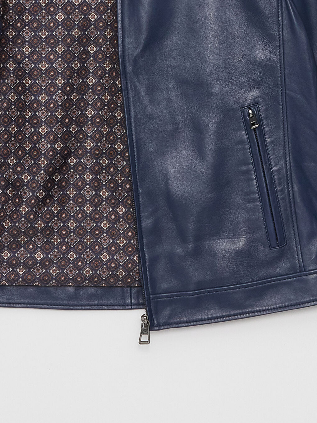 Lacivert Standart Kalıp Dik Yaka Erkek Deri Mont-7