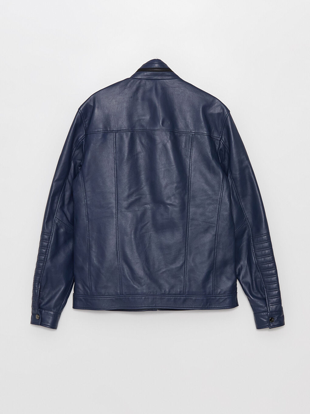 Lacivert Standart Kalıp Dik Yaka Erkek Deri Mont-8