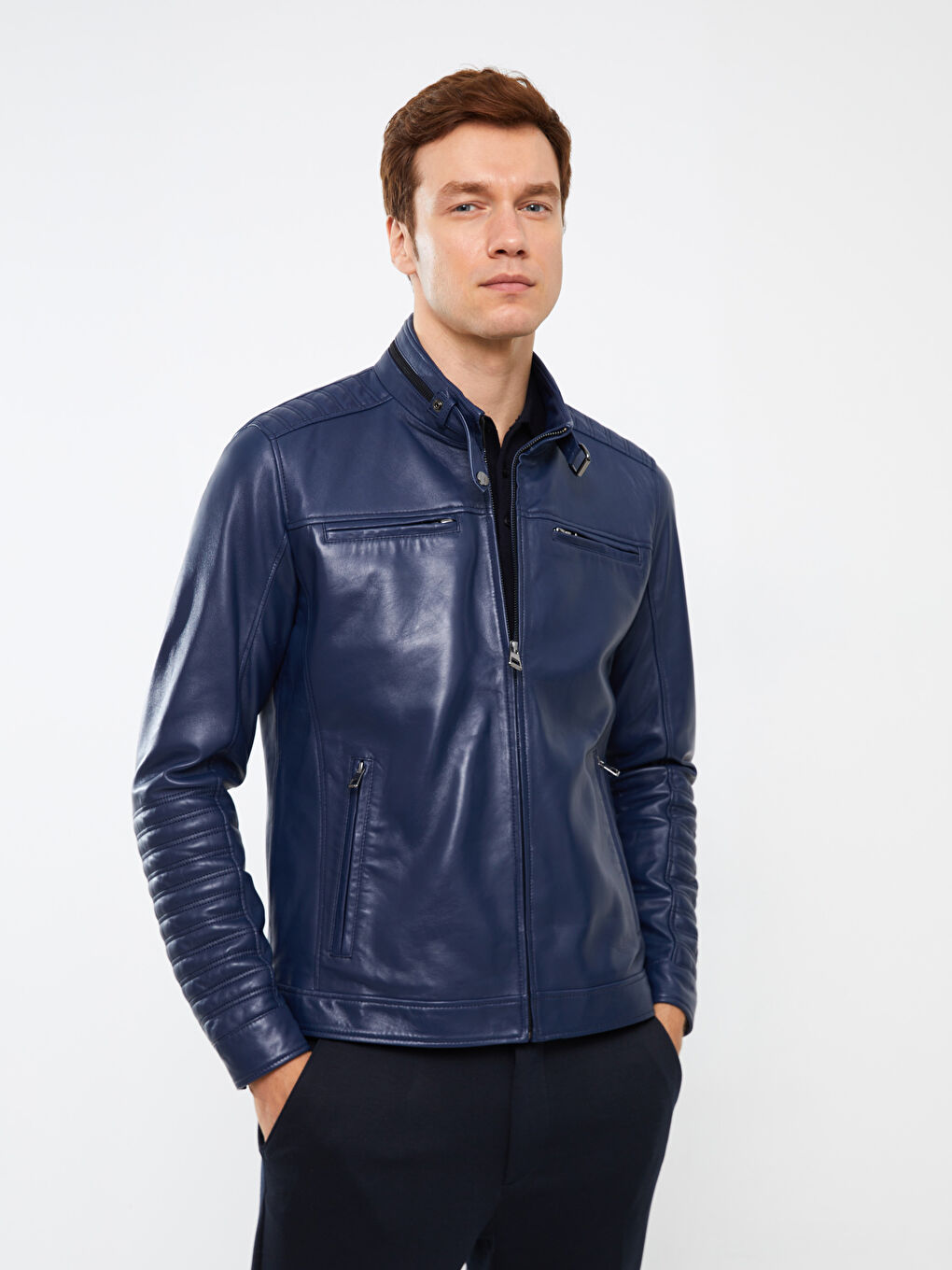 Lacivert Standart Kalıp Dik Yaka Erkek Deri Mont