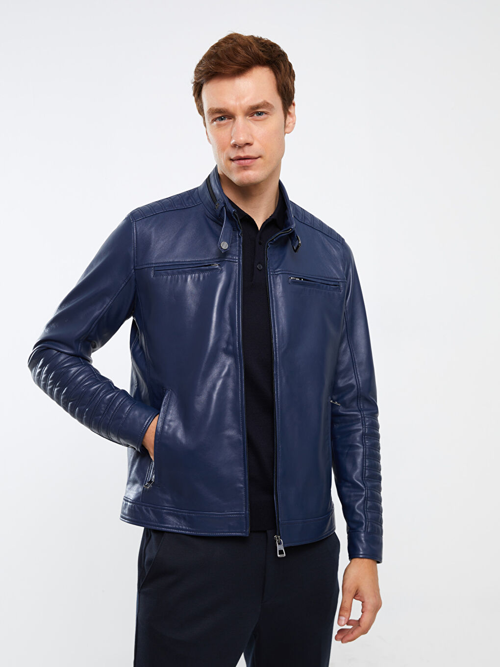 Lacivert Standart Kalıp Dik Yaka Erkek Deri Mont-1