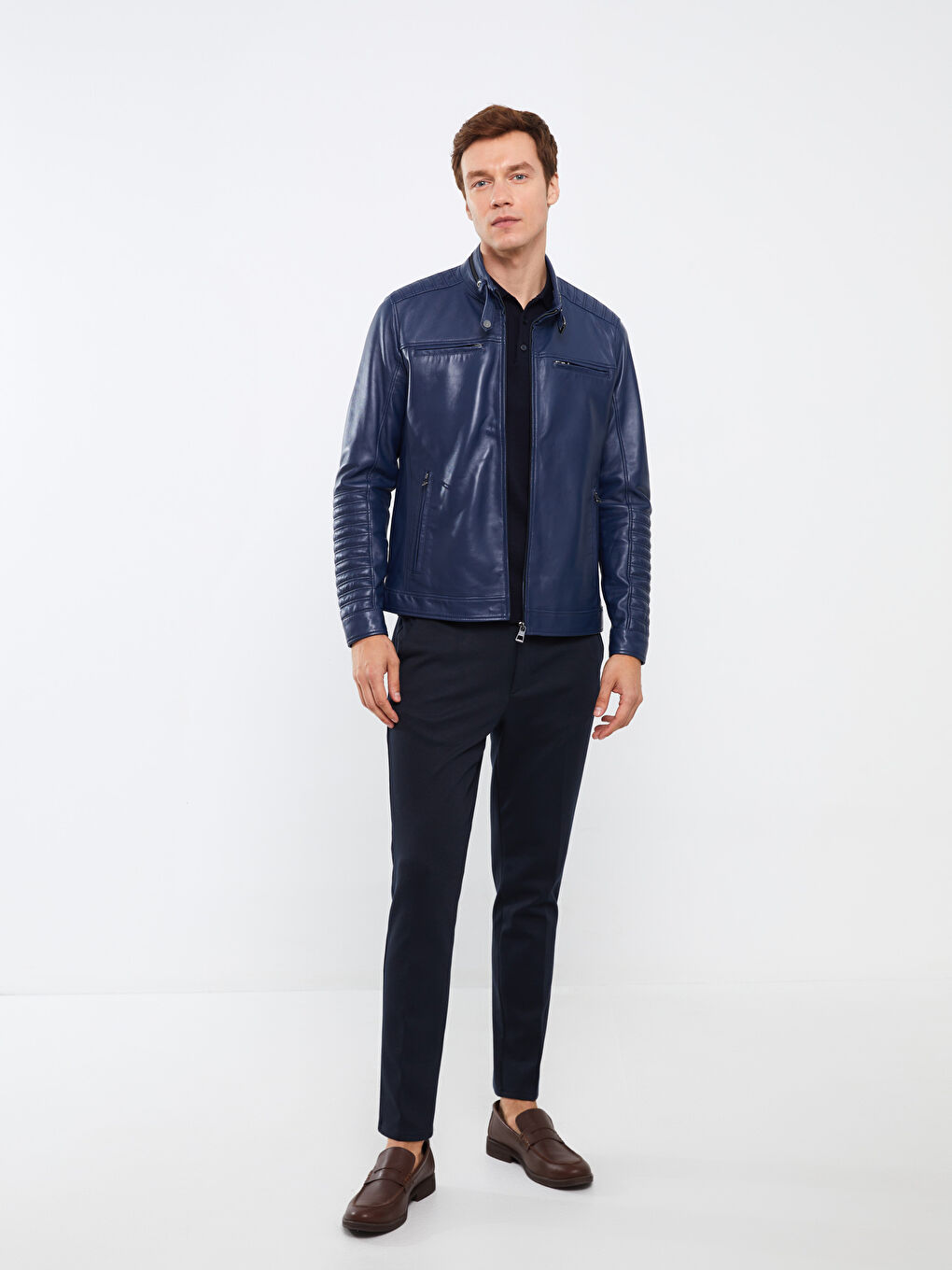 Lacivert Standart Kalıp Dik Yaka Erkek Deri Mont-2