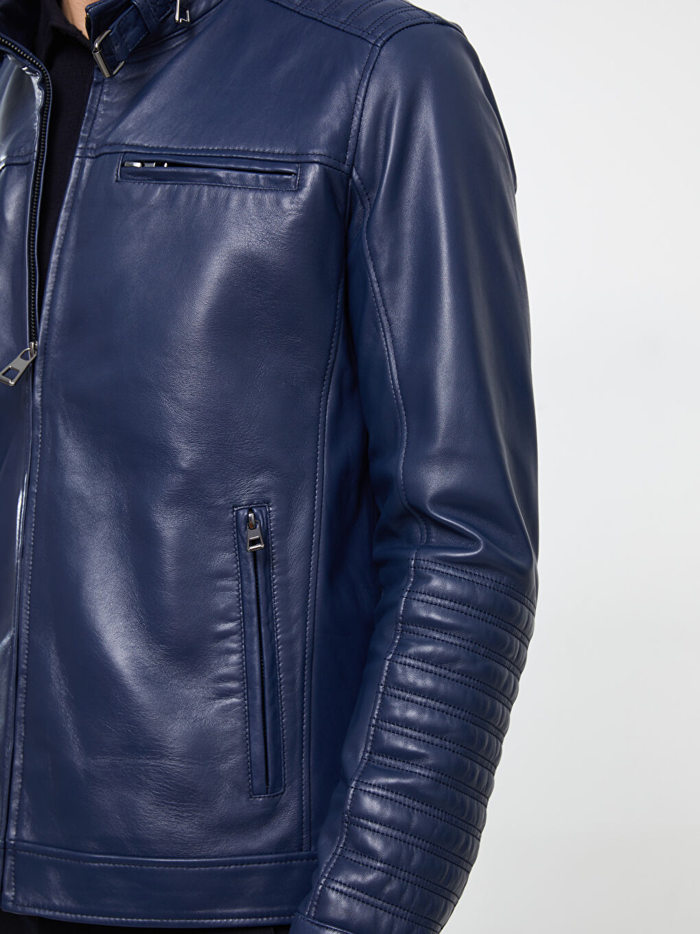 Lacivert Standart Kalıp Dik Yaka Erkek Deri Mont-3