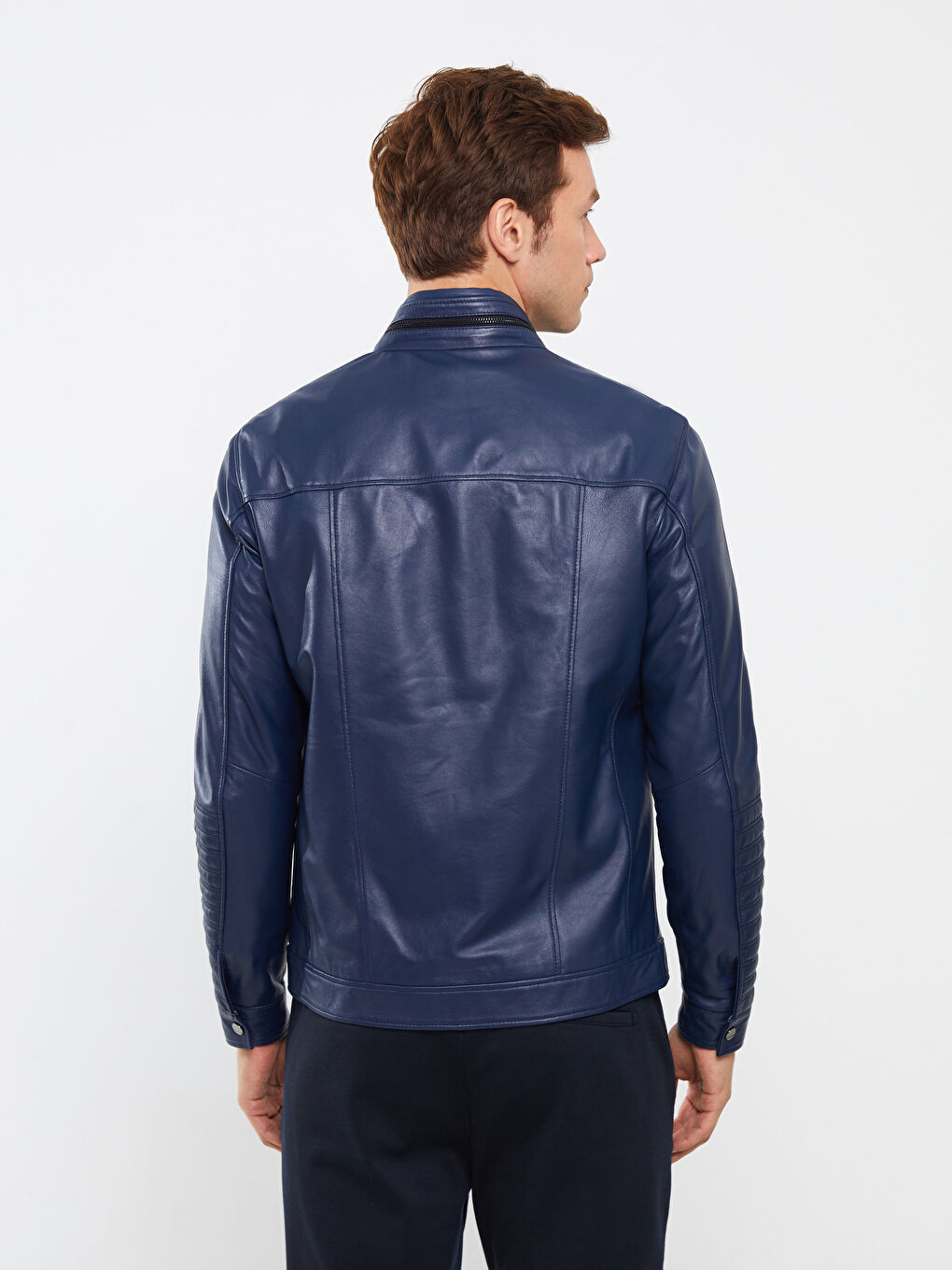 Lacivert Standart Kalıp Dik Yaka Erkek Deri Mont-5