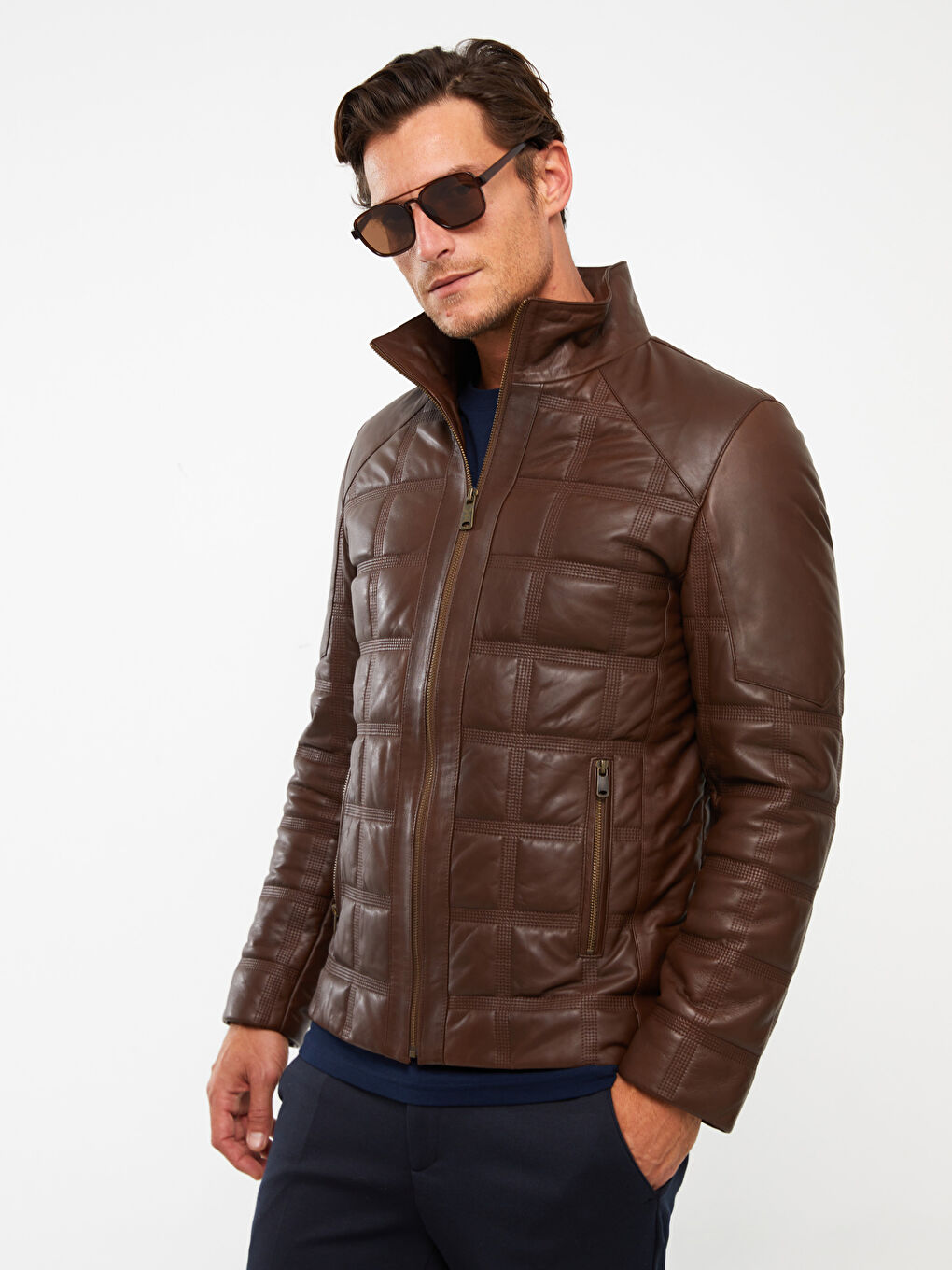 Kahverengi Standart Kalıp Dik Yaka Erkek Deri Mont