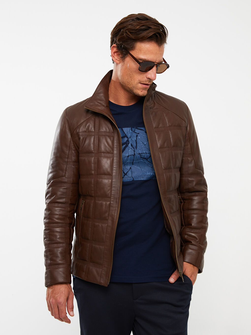 Kahverengi Standart Kalıp Dik Yaka Erkek Deri Mont-1