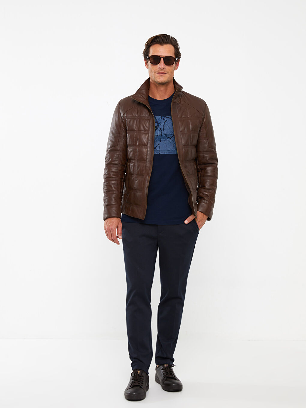 Kahverengi Standart Kalıp Dik Yaka Erkek Deri Mont-2