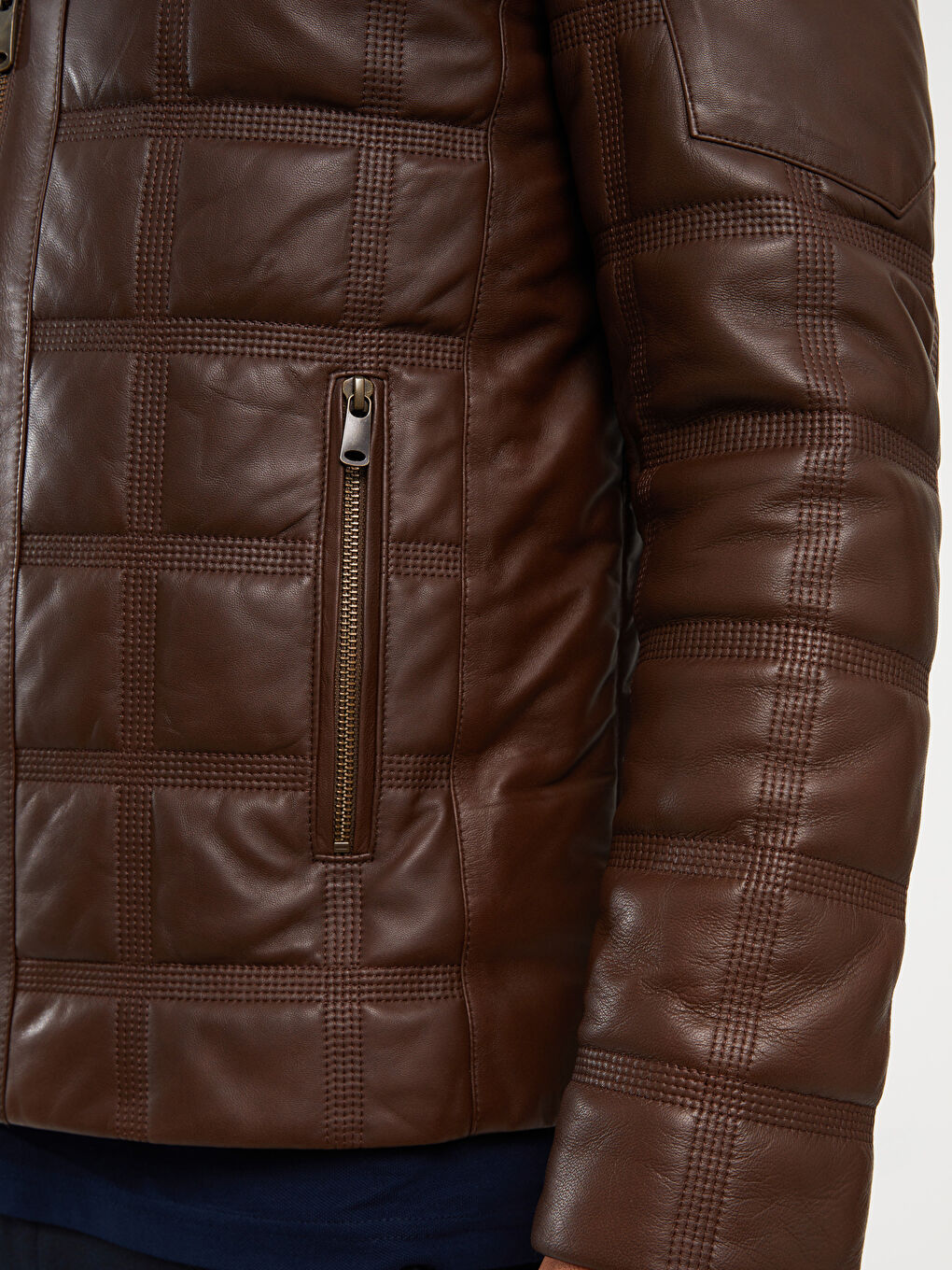 Kahverengi Standart Kalıp Dik Yaka Erkek Deri Mont-3