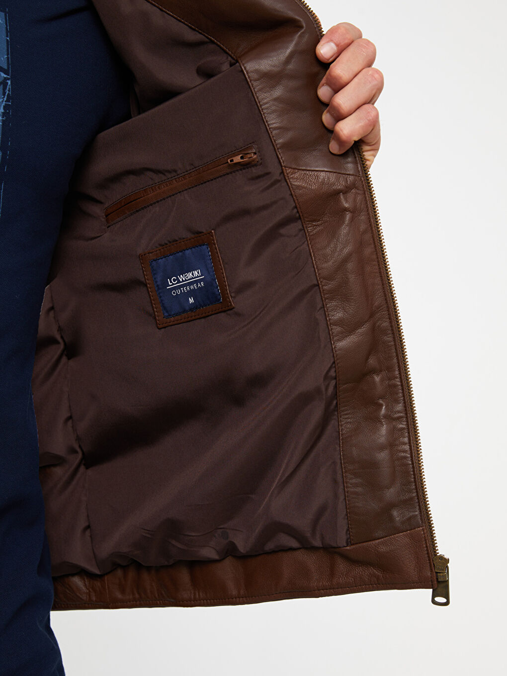 Kahverengi Standart Kalıp Dik Yaka Erkek Deri Mont-4