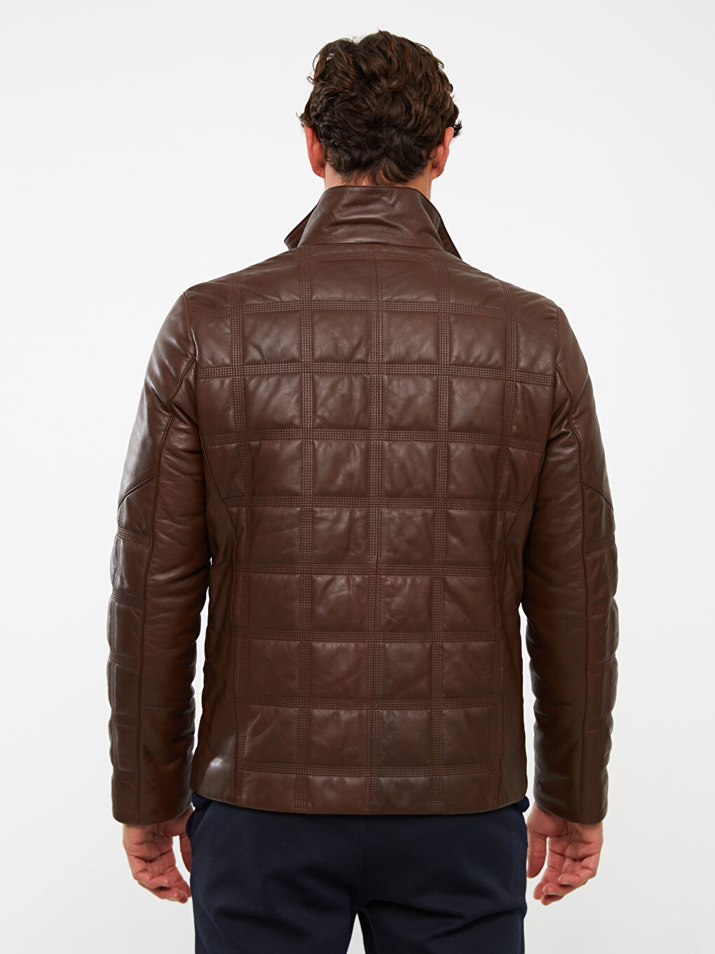 Kahverengi Standart Kalıp Dik Yaka Erkek Deri Mont-5