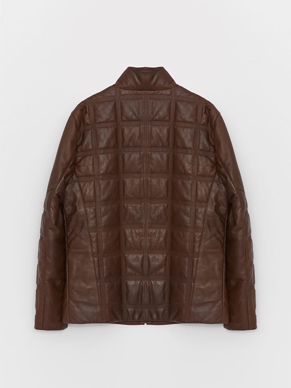 Kahverengi Standart Kalıp Dik Yaka Erkek Deri Mont-7