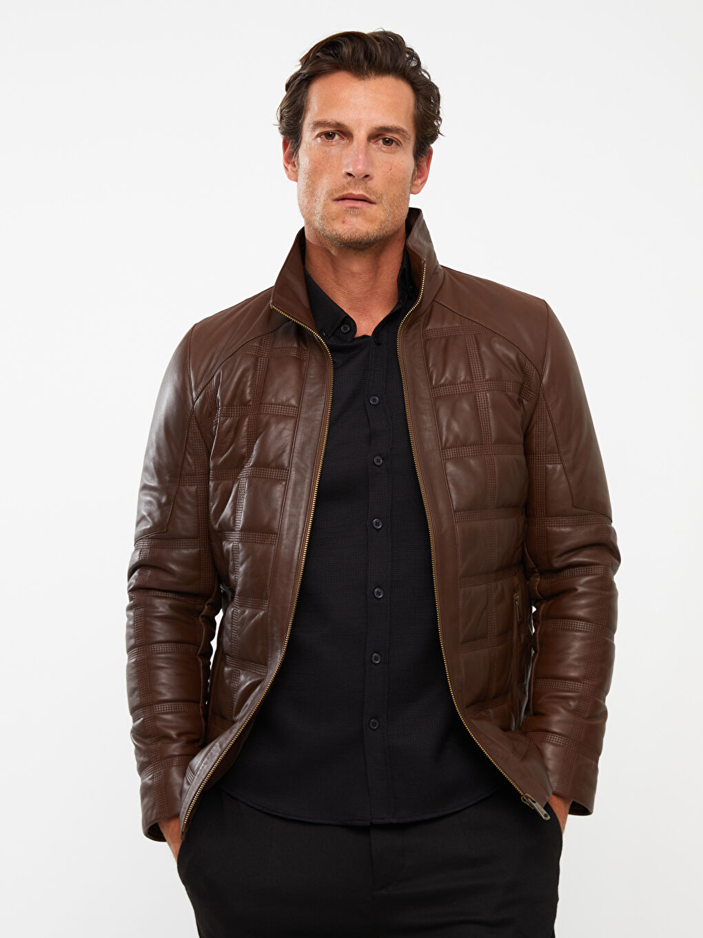 Standard Pattern Standing Collar Men's Leather Coat
