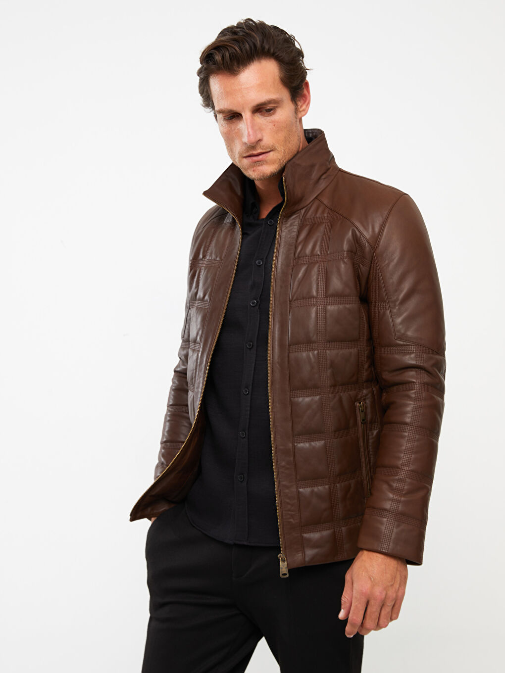 Standard Pattern Standing Collar Men's Leather Coat-1