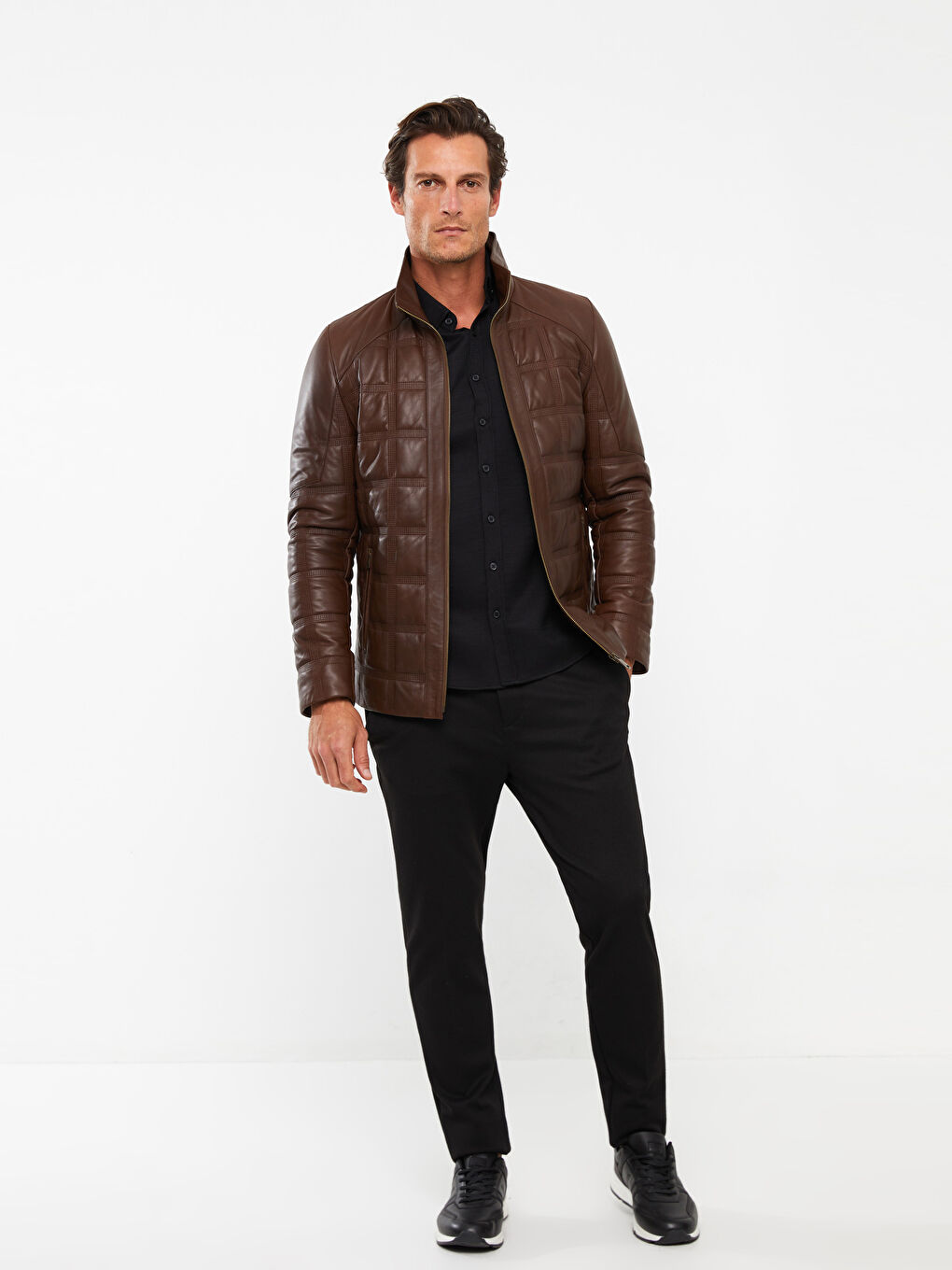 Standard Pattern Standing Collar Men's Leather Coat-2