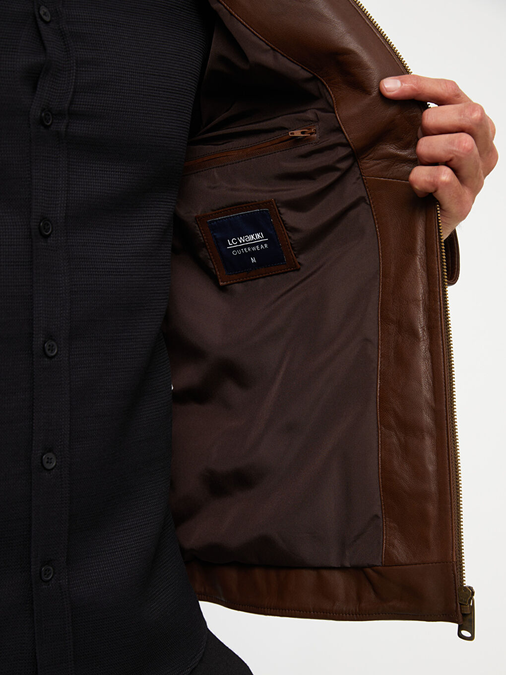 Standard Pattern Standing Collar Men's Leather Coat-4