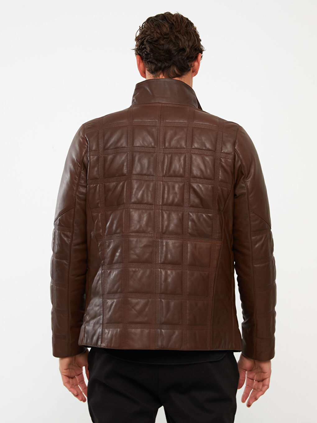 Standard Pattern Standing Collar Men's Leather Coat-5