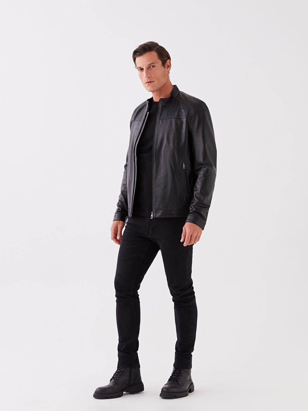 Siyah Standart Kalıp Dik Yaka Erkek Deri Mont-2