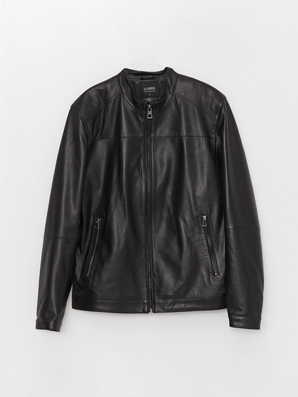 Siyah Standart Kalıp Dik Yaka Erkek Deri Mont-6