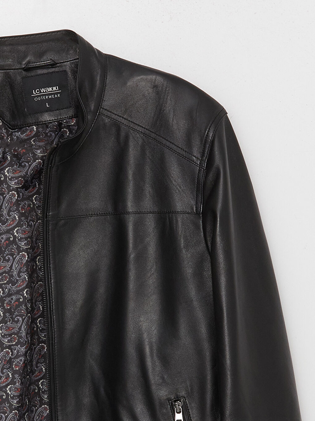 Siyah Standart Kalıp Dik Yaka Erkek Deri Mont-8