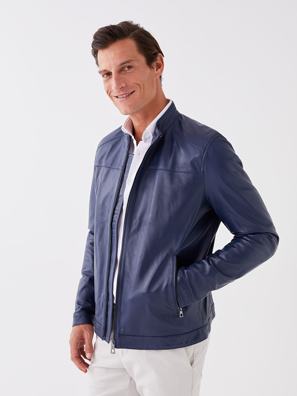 معطف جلد رجالي بياقة واقفة بنقشة عادية